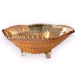 [Jeanette Glass] Vintage Iridescent Marigold Anniversary Pattern 3-footed Dish